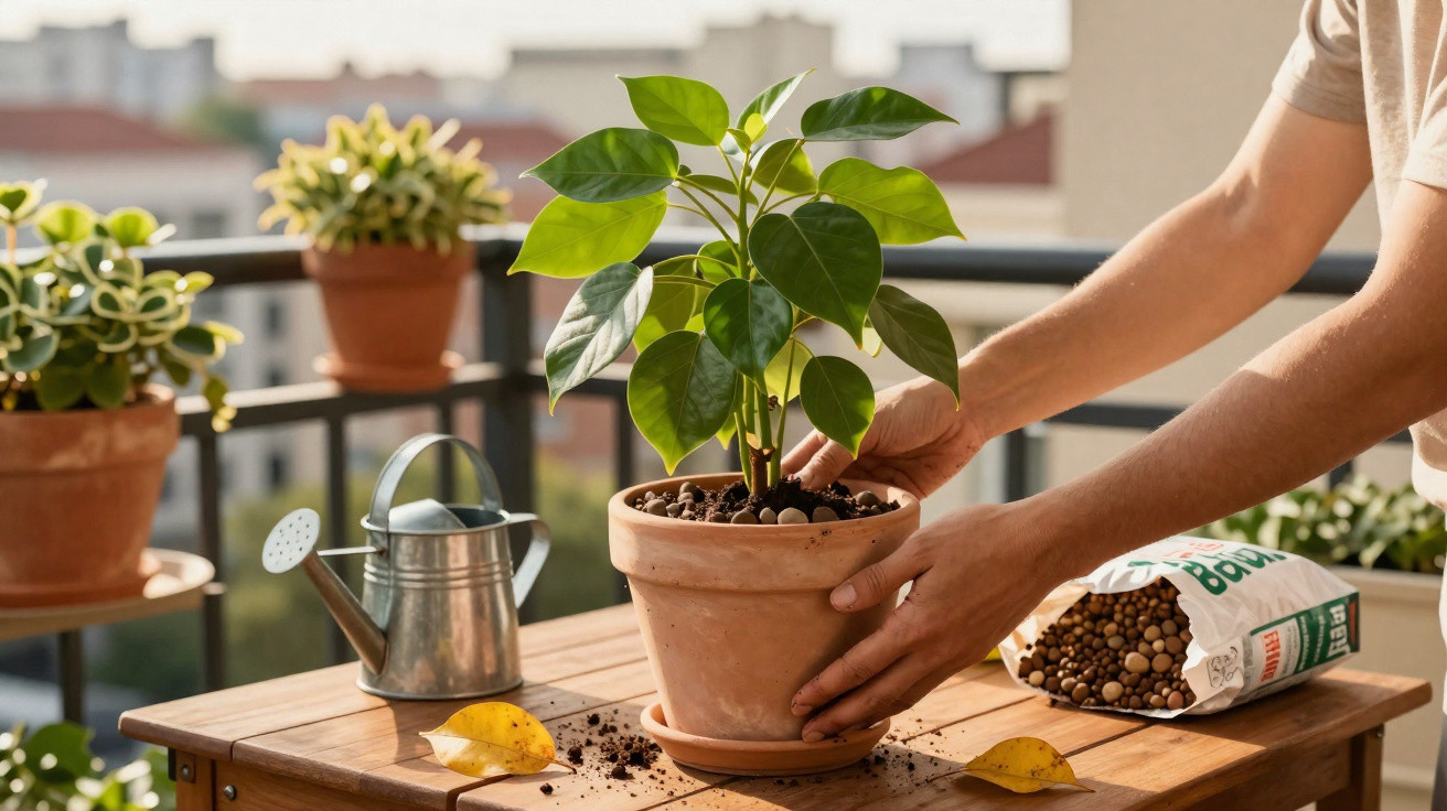 Pessoa a cuidar de planta em vaso de barro numa varanda com regador e fertilizante ao lado.