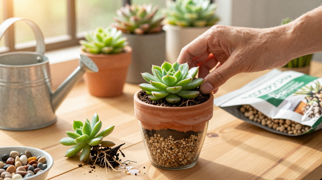 Mão a plantar suculenta em vaso de vidro com terra e pedras, mesa de madeira, regador e outras suculentas ao fundo.