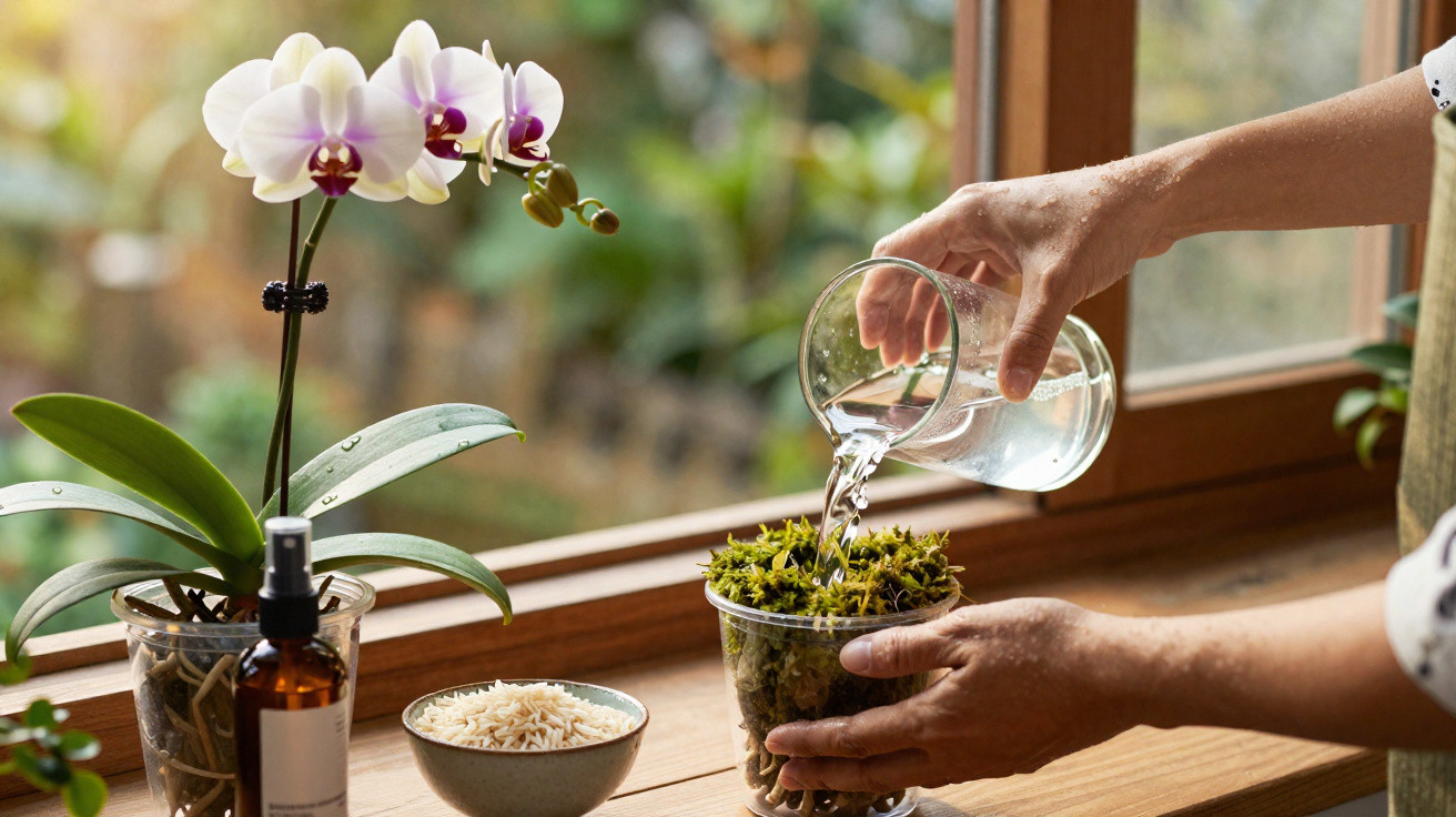 Mãos a regar planta musgosa numa jarra de vidro junto a orquídea branca numa janela com luz natural.