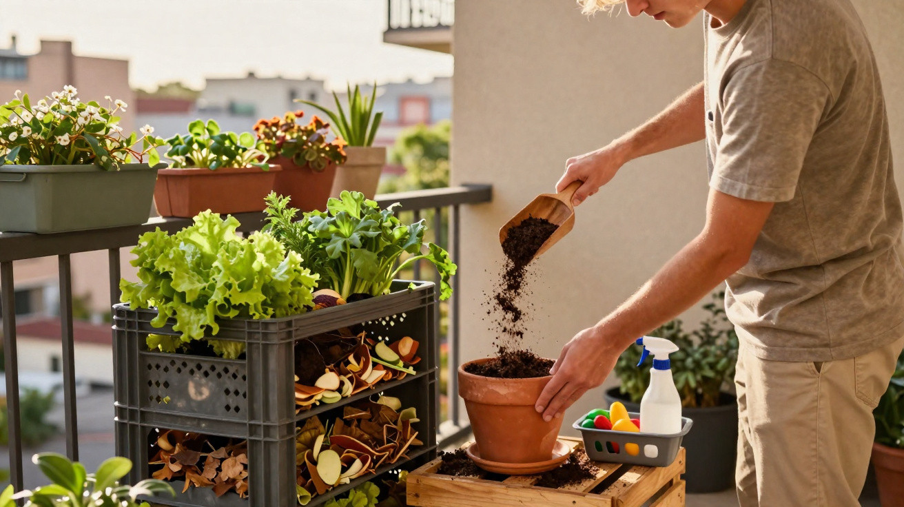 Pessoa a colocar terra num vaso de barro enquanto cuida de plantas numa varanda urbana.