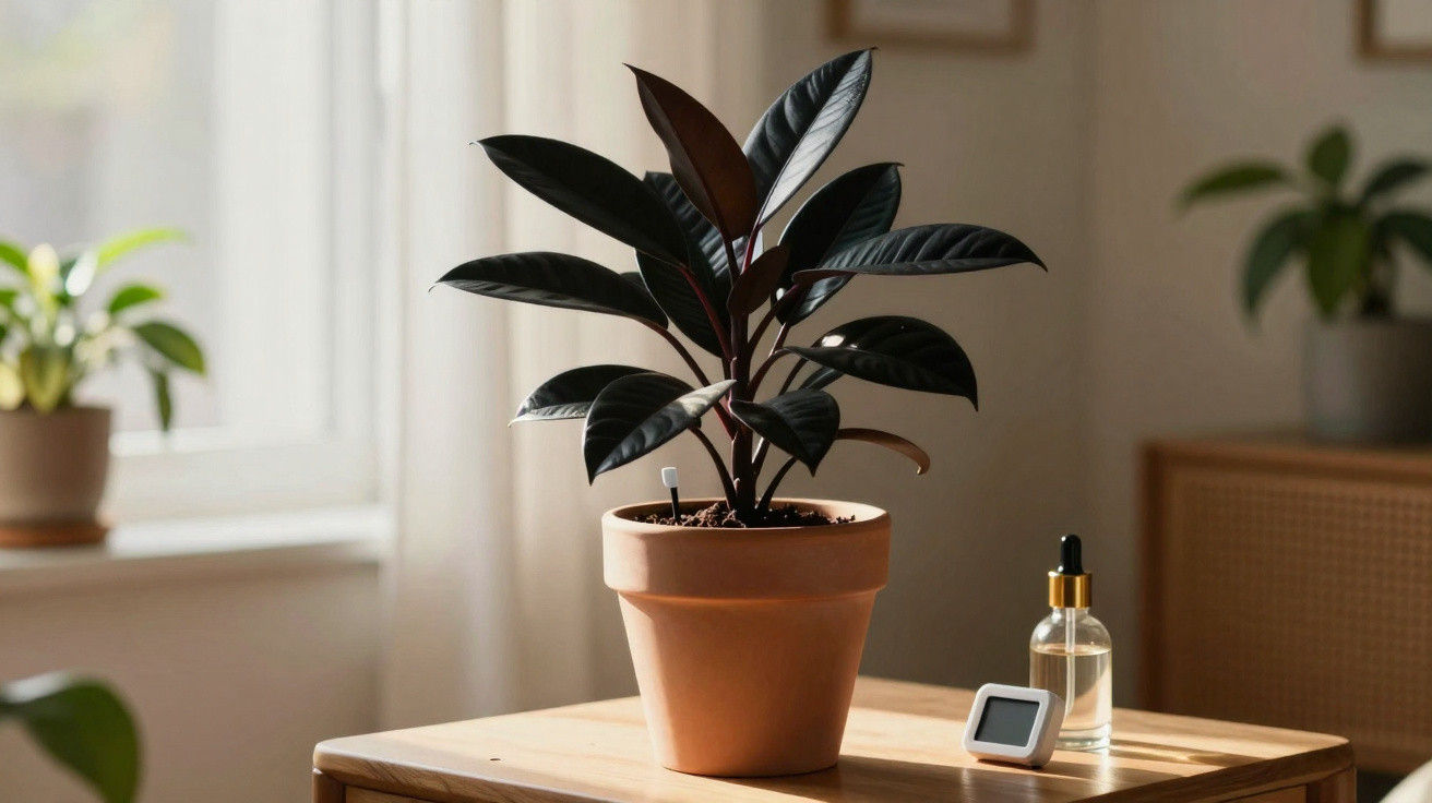 Planta com folhas escuras num vaso de terracota numa mesa de madeira junto à janela com luz natural.