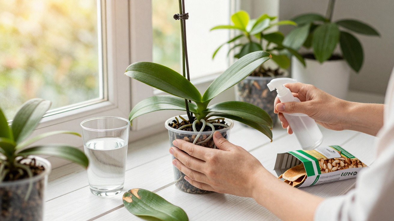 Pessoa pulveriza planta orquídea numa jarra transparente numa bancada junto a janela.