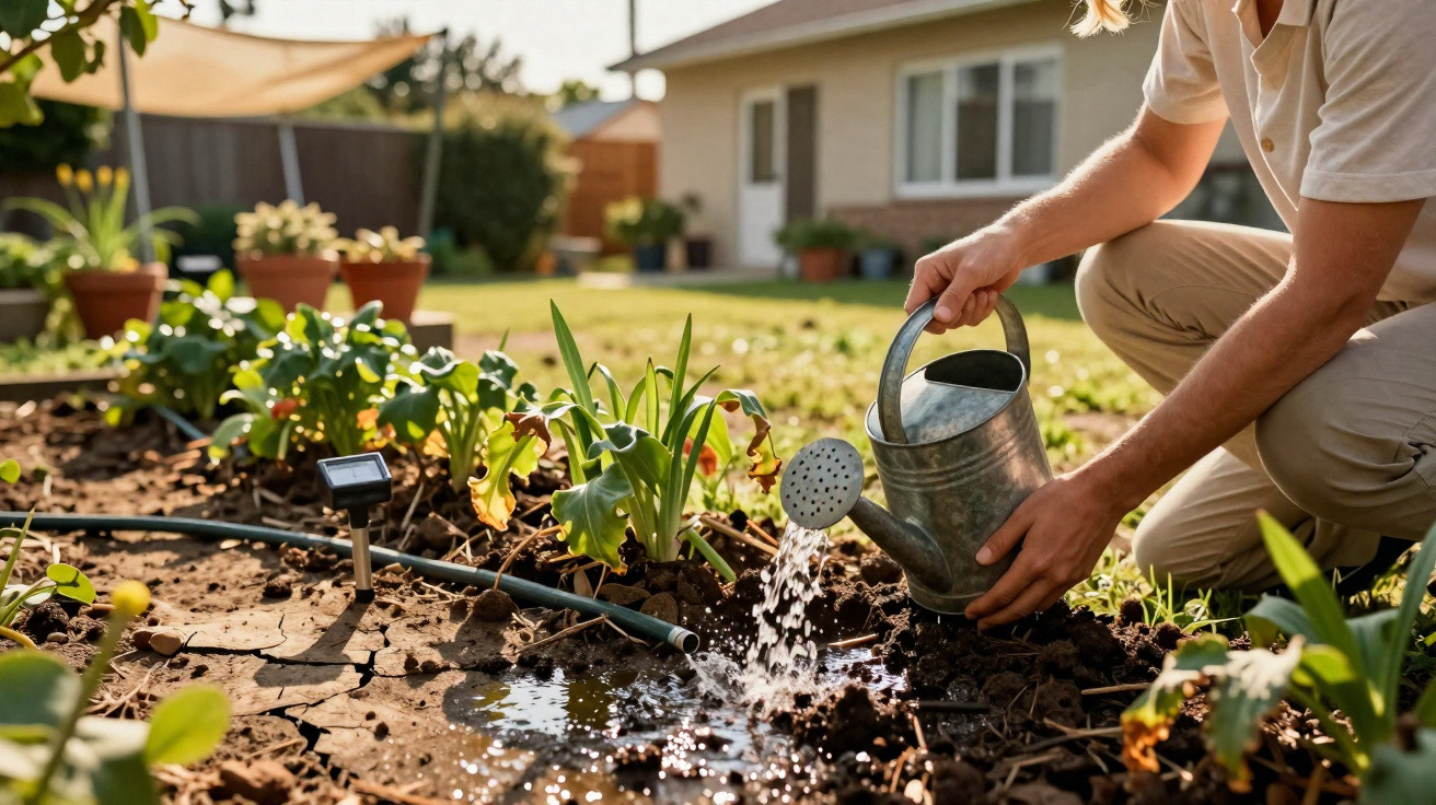 Pessoa a regar plantas com um regador num jardim ensolarado junto a uma casa.