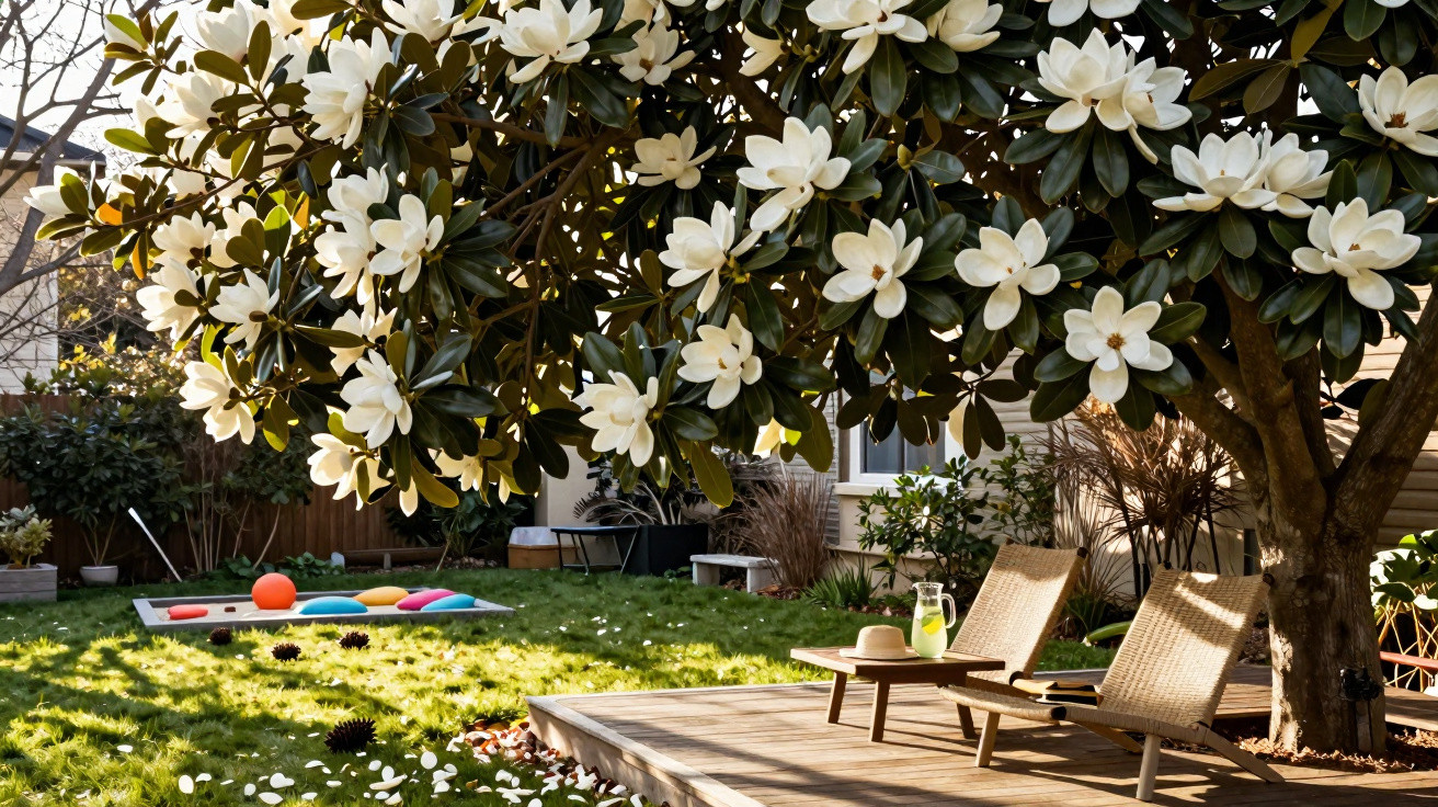 Jardim com árvore florida de magnólias brancas, duas cadeiras de descanso e jarra de limonada ao sol.