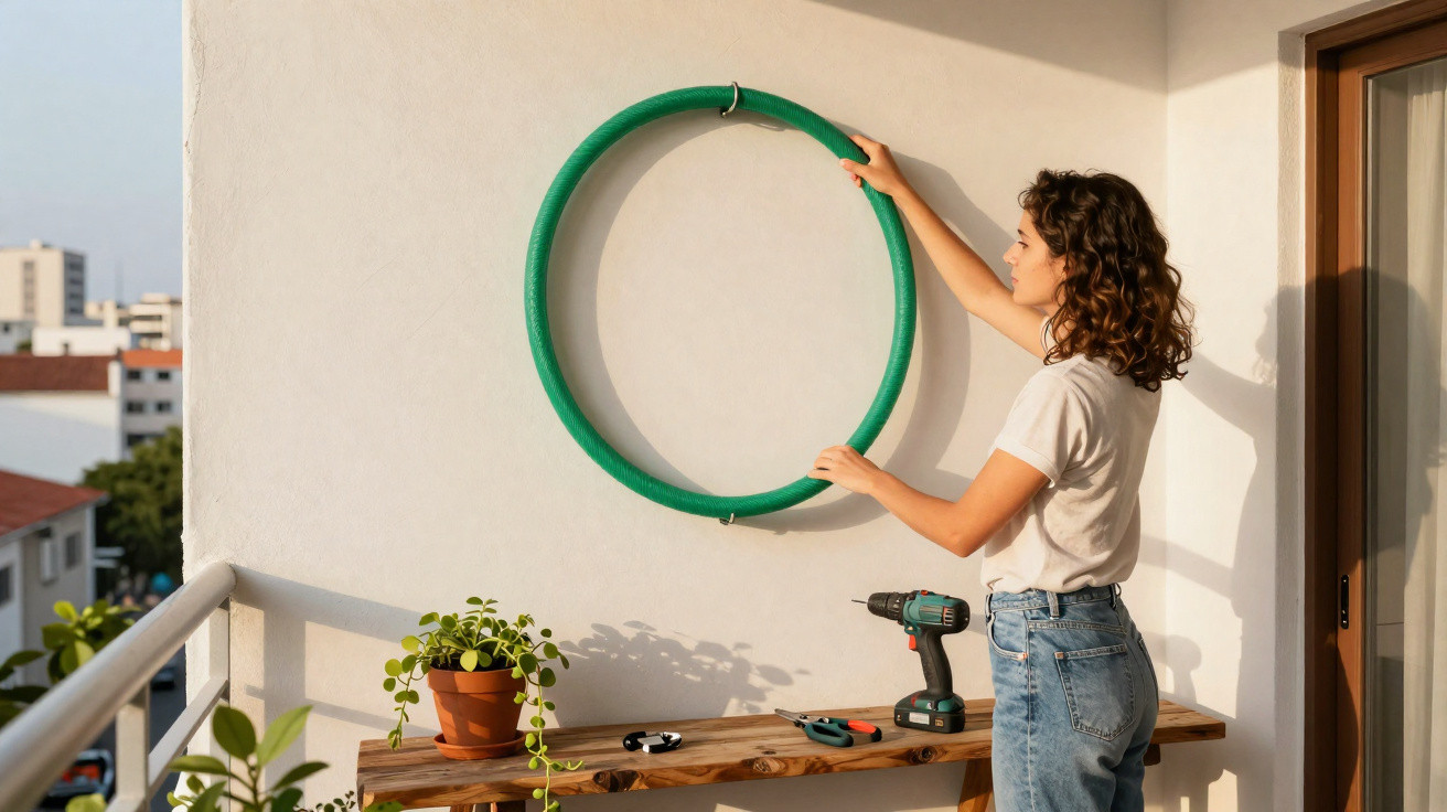 Mulher a pendurar um aro verde na parede de uma varanda com ferramentas numa mesa ao lado.