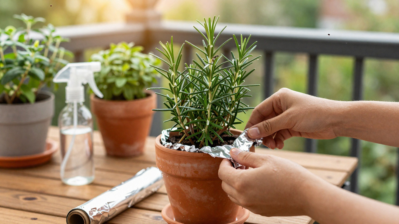 Mãos a envolver vaso de planta com papel alumínio numa varanda com mais plantas ao fundo.