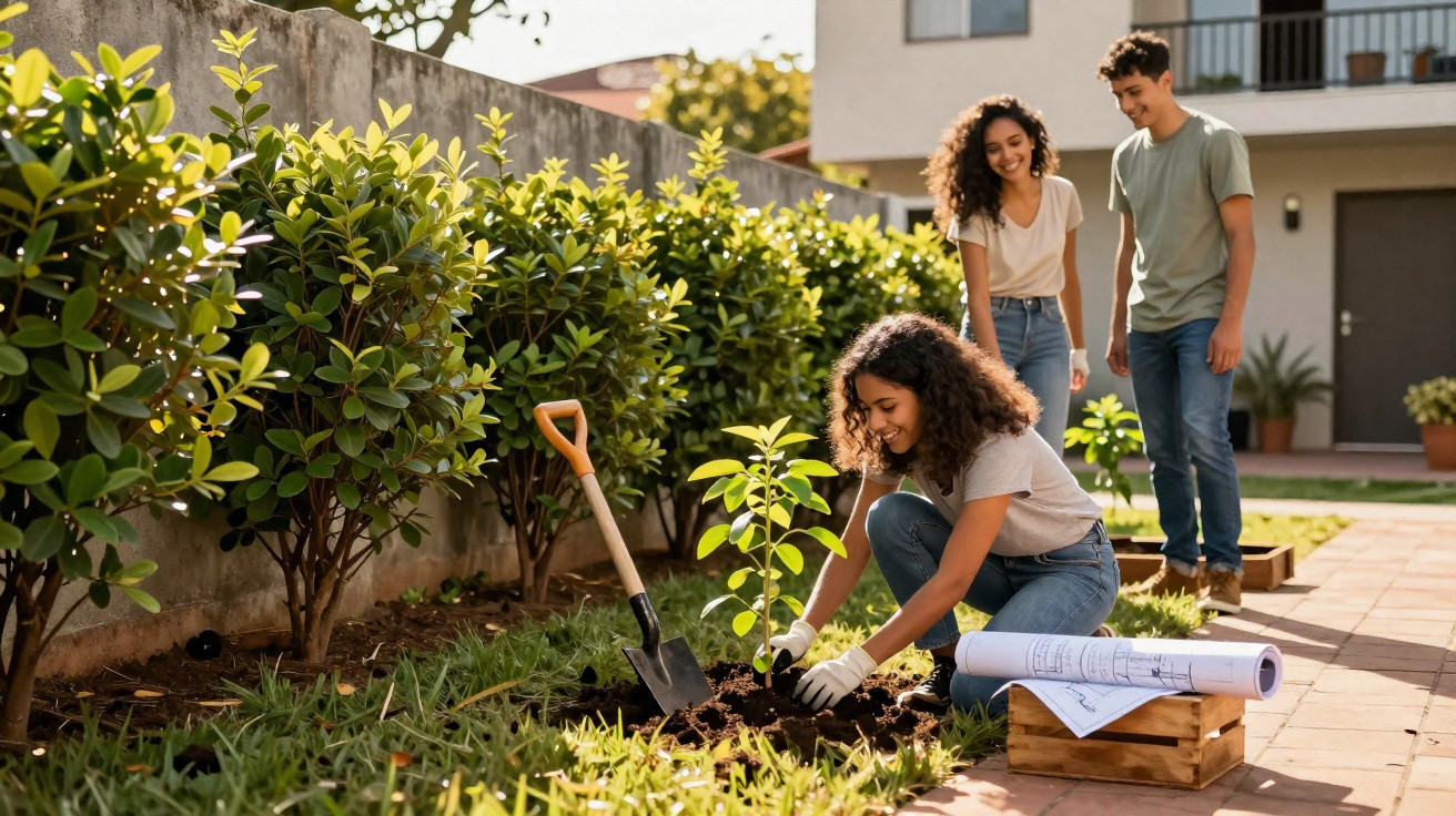 Jovem mulher a plantar uma árvore no jardim, com duas pessoas a observarem sorrindo numa tarde ensolarada.
