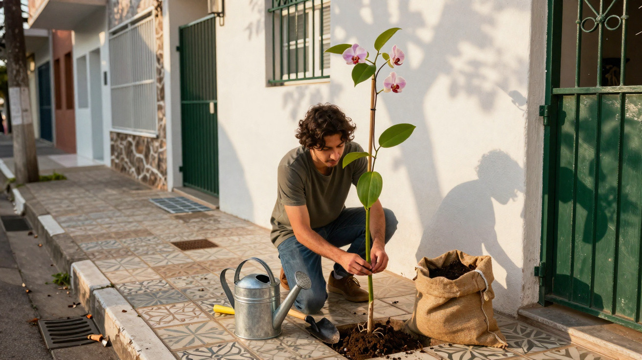 Jovem a plantar uma orquídea numa calçada ao lado de casa, com regador e saco de terra à frente.
