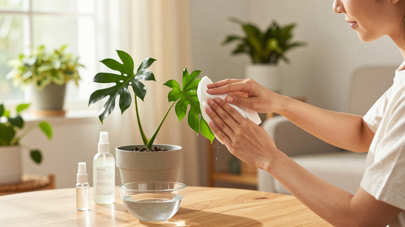 Pessoa a limpar folha de planta Monstera com toalhete branco numa sala iluminada.