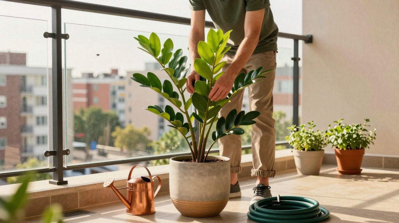 Pessoa a cuidar de planta em vaso grande numa varanda com regador e mangueira no chão.