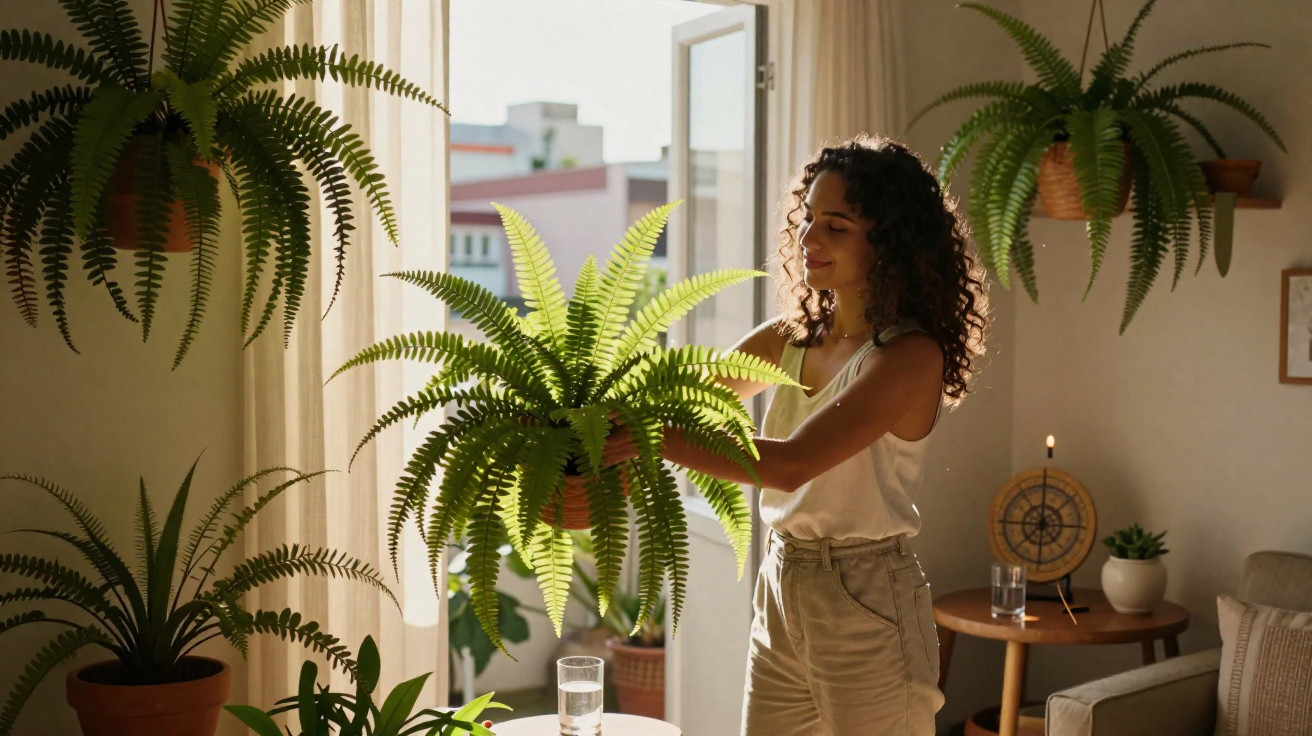 Mulher a cuidar de samambaia numa sala iluminada com várias plantas e mobília aconchegante.