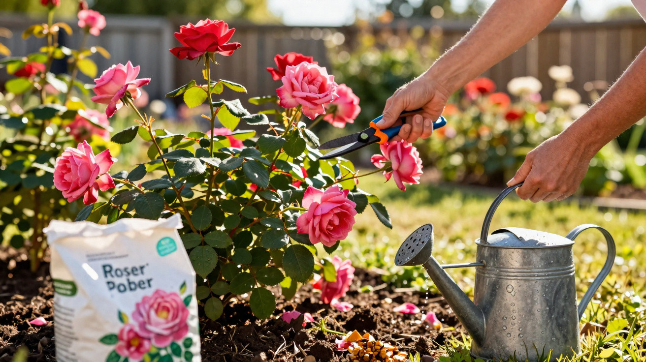 Pessoa a podar rosas cor-de-rosa num jardim com regador metálico e adubo à vista.