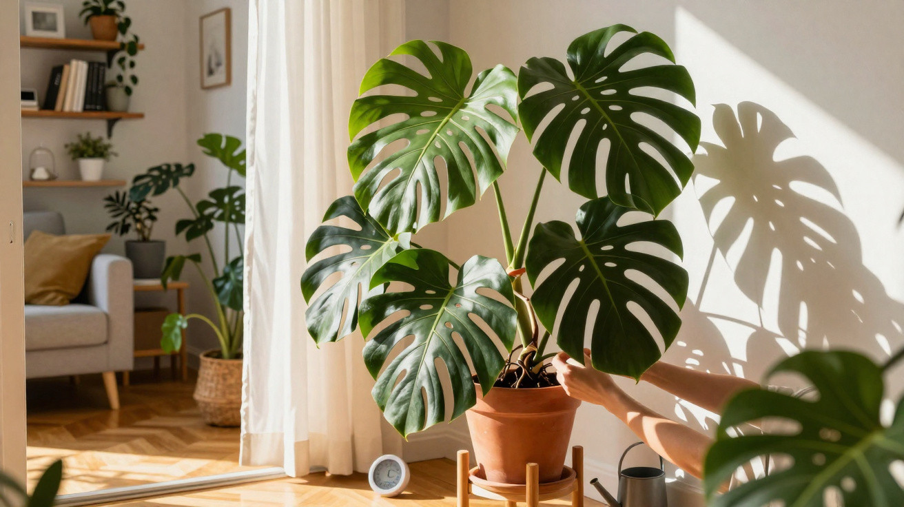 Planta Monstera em vaso de barro numa sala iluminada pelo sol, com mãos a cuidar das folhas grandes e verdes.