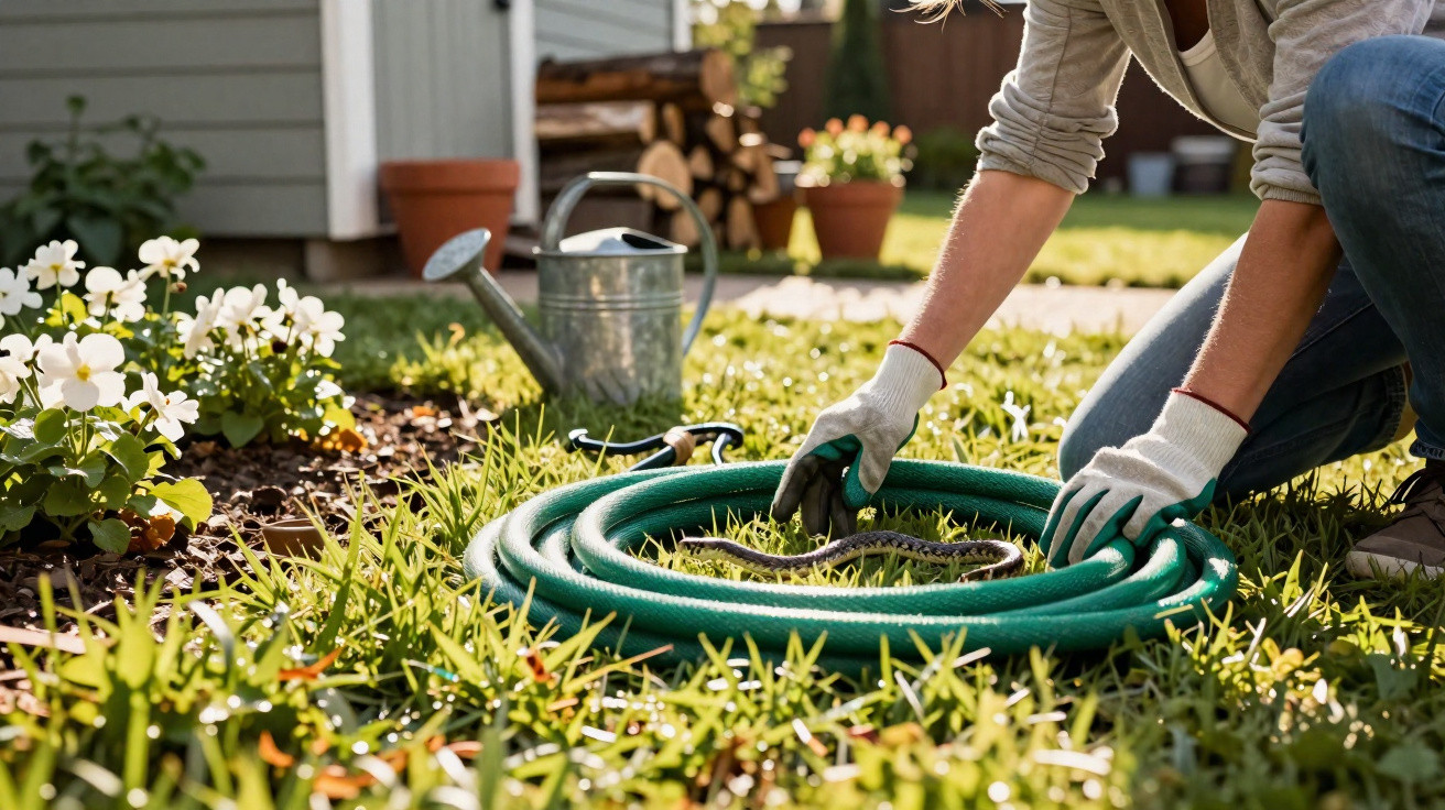 Pessoa com luvas a olhar para uma cobra enrolada numa mangueira verde no jardim ensolarado.