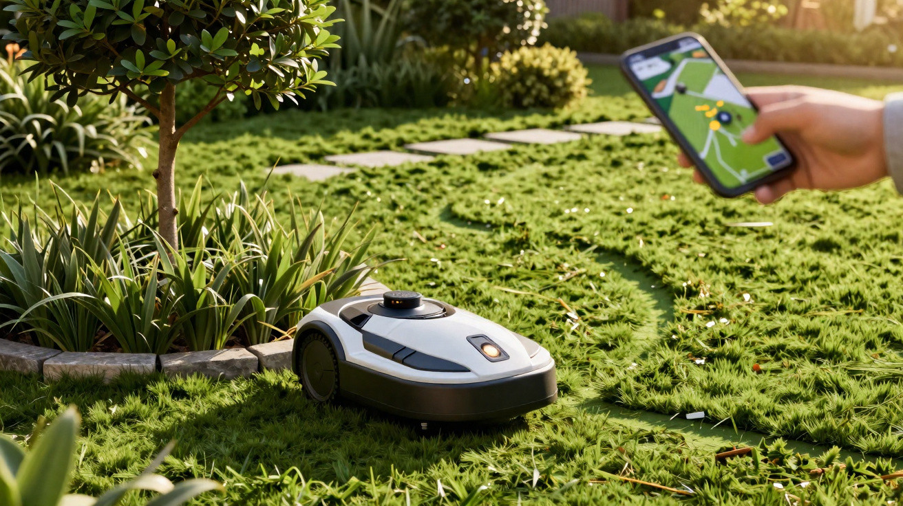 Aparador de relva robot controlado por aplicação num telemóvel num jardim verde e ensolarado.