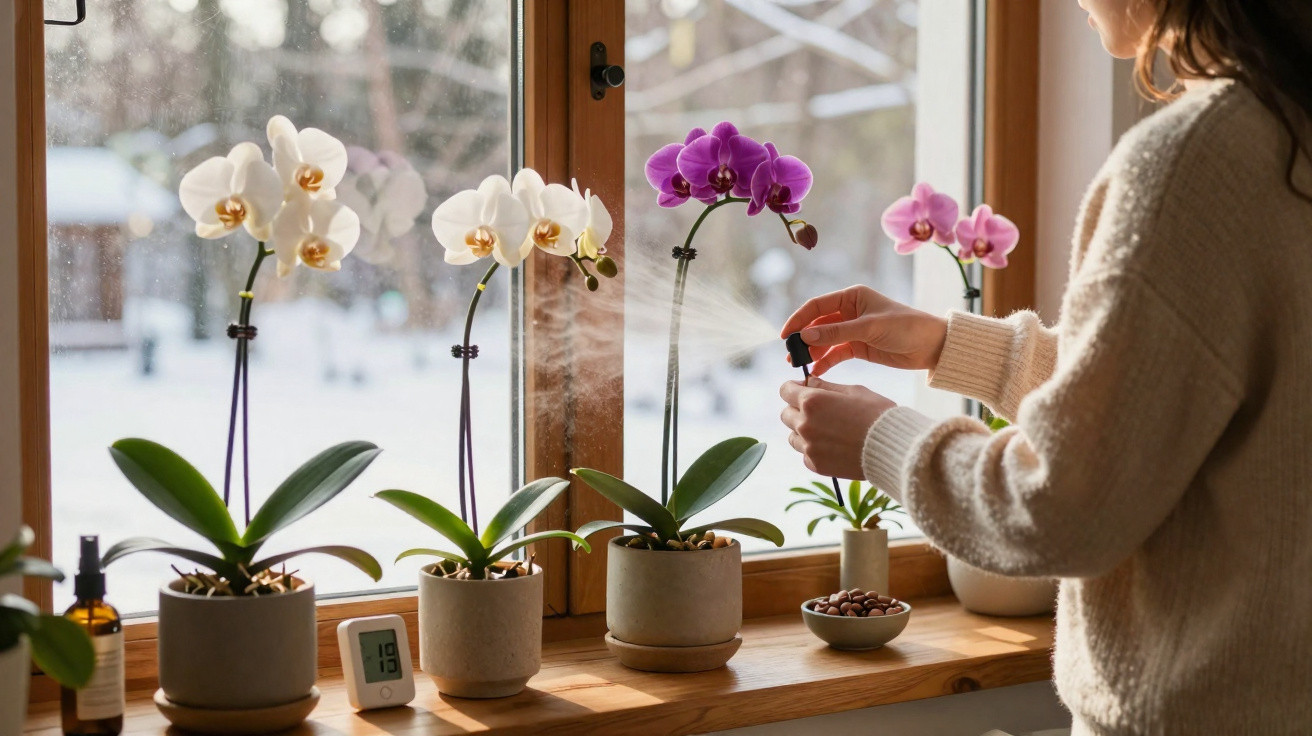 Mulher a pulverizar orquídeas em vaso numa janela com paisagem de neve no exterior.