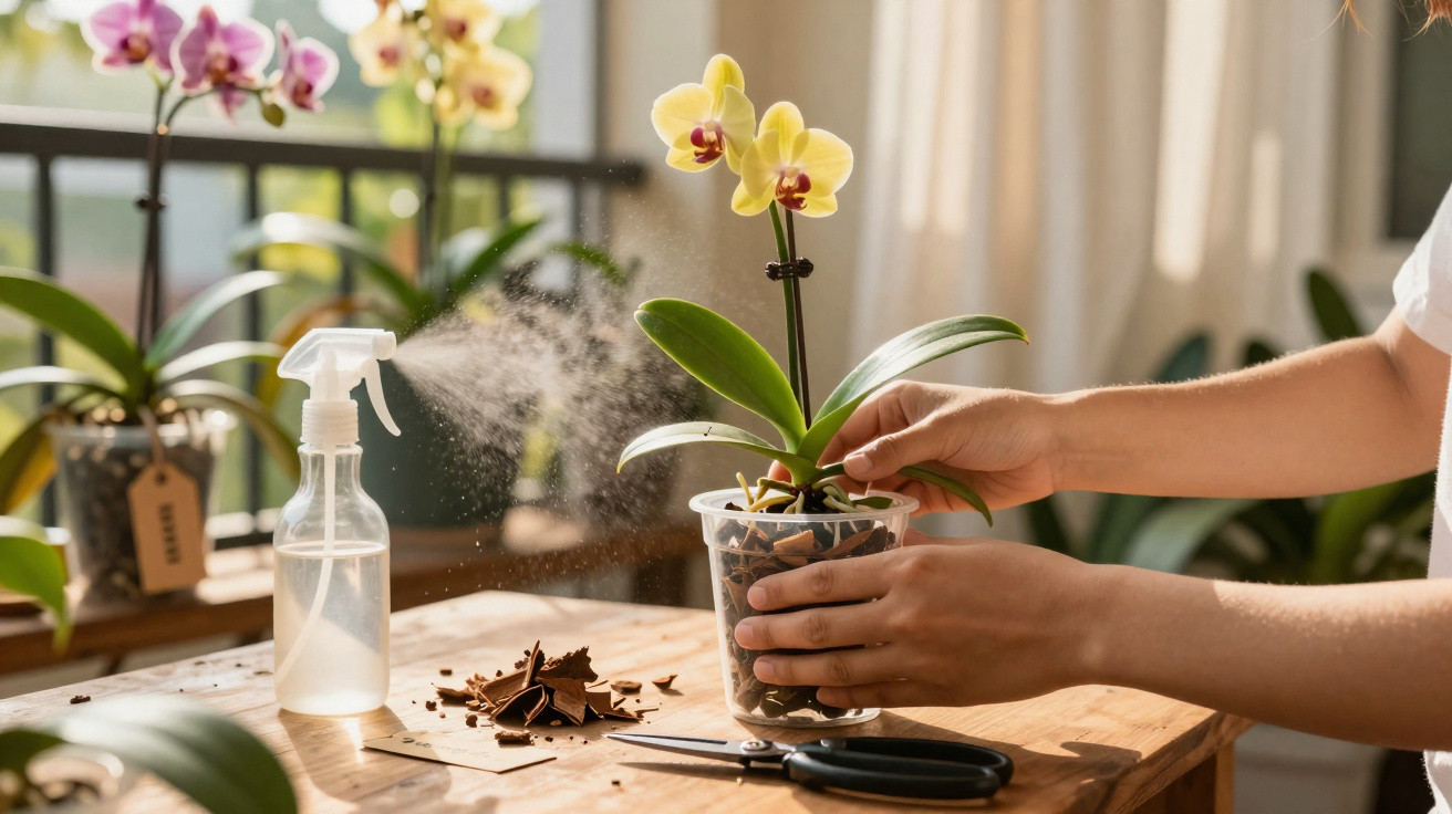 Mãos a cuidar de orquídea amarela num vaso transparente com spray e tesoura sobre mesa de madeira.