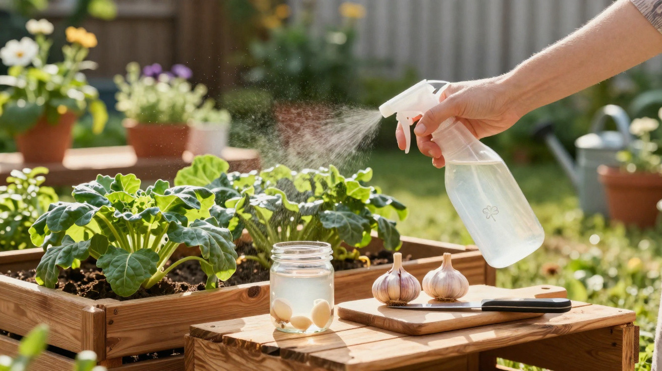 Pessoa a pulverizar plantas verdes num jardim com garrafa de spray, alho e tábua de madeira ao lado.
