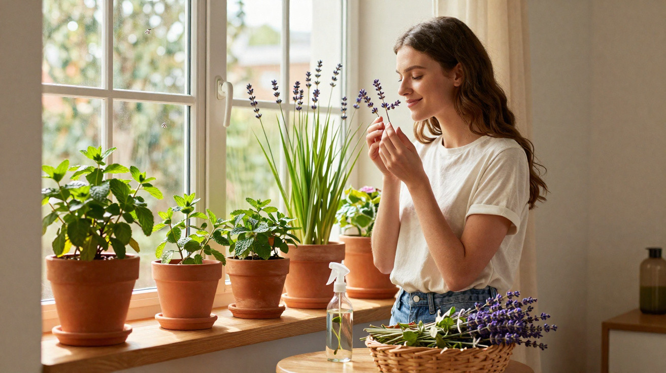 Mulher a cheirar flores de lavanda junto à janela rodeada de vasos com plantas em ambiente iluminado.