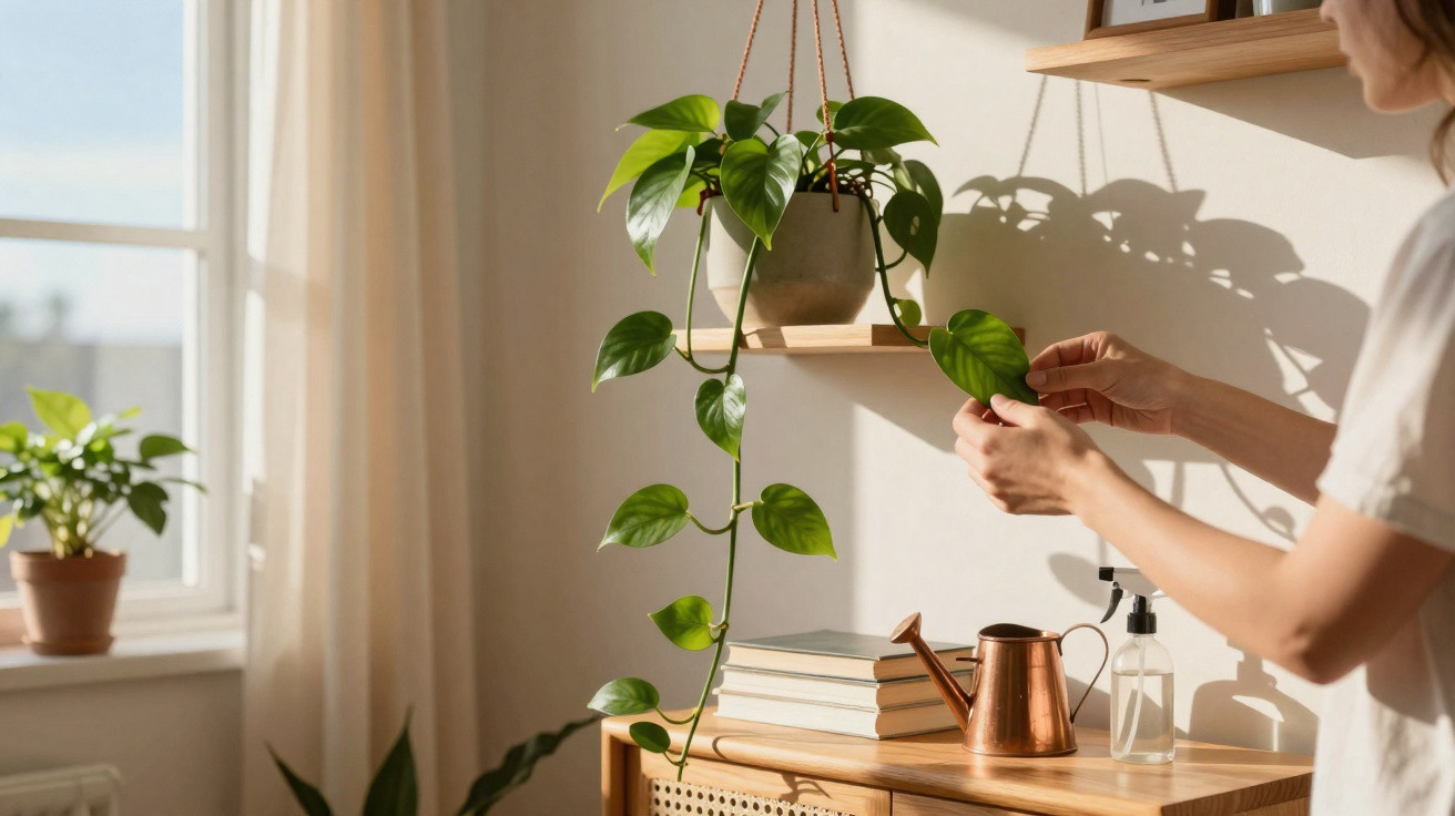 Pessoa a cuidar de planta pendurada em vaso dentro de casa, com livros e regador numa mesa junto à parede.