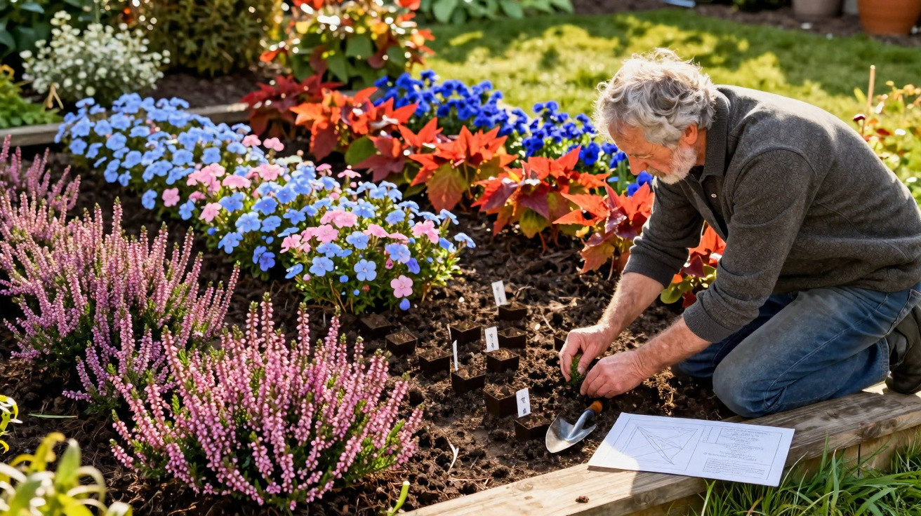 Homem idoso a plantar flores coloridas num jardim bem cuidado numa manhã soalheira.