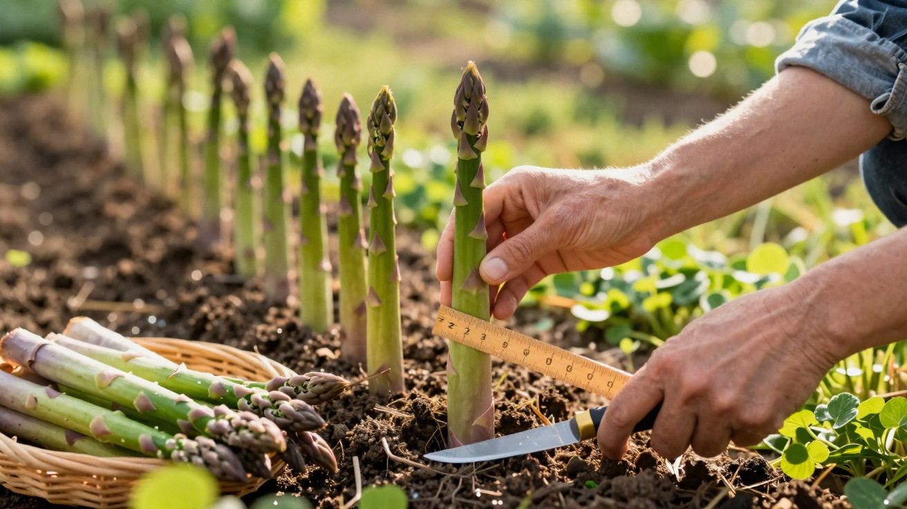 Mãos a medir e cortar espargos verdes frescos numa horta, com cesta de espargos colhidos ao lado.