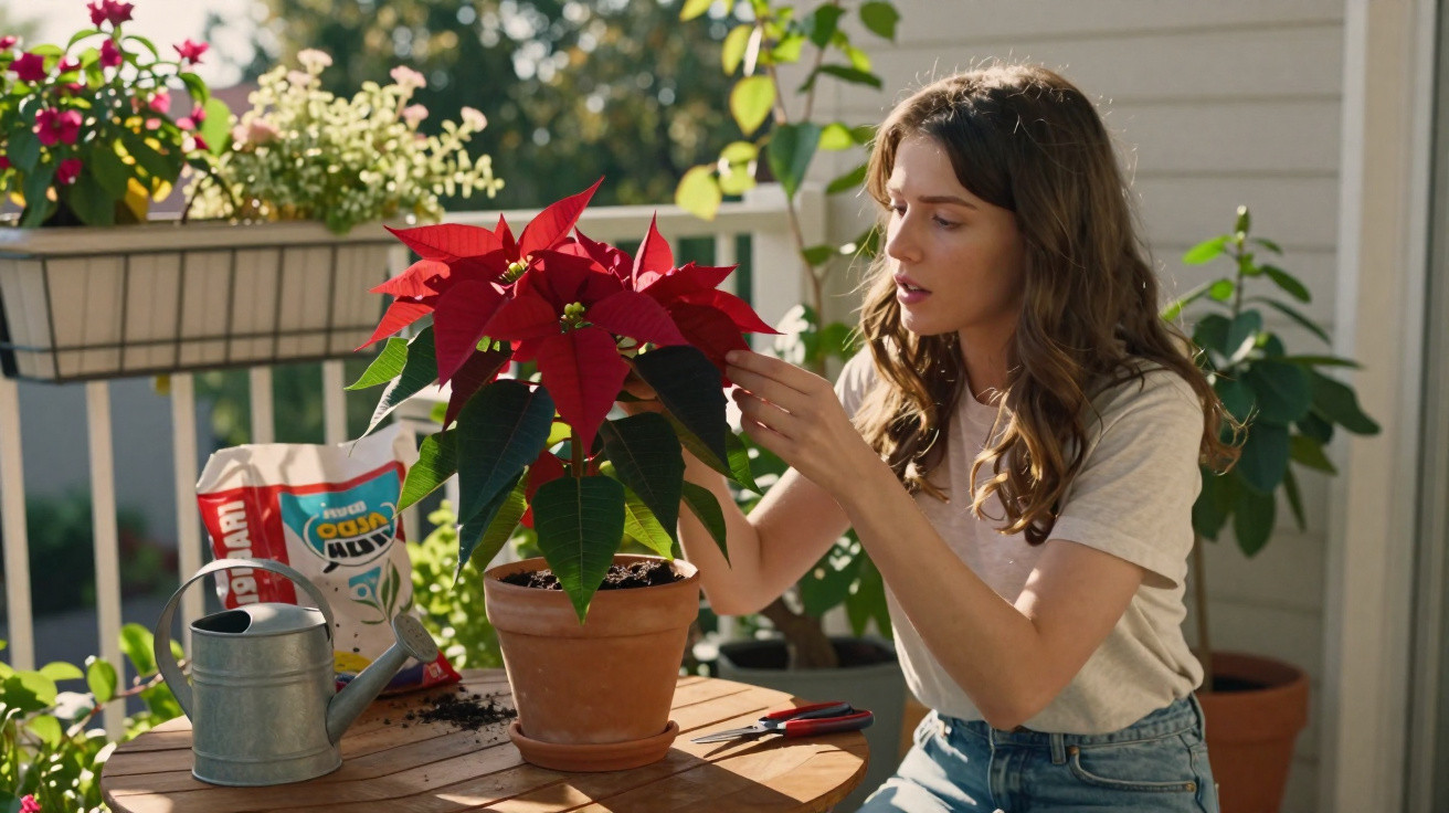 Mulher a cuidar de uma flor vermelha num vaso, ao ar livre numa varanda ensolarada.