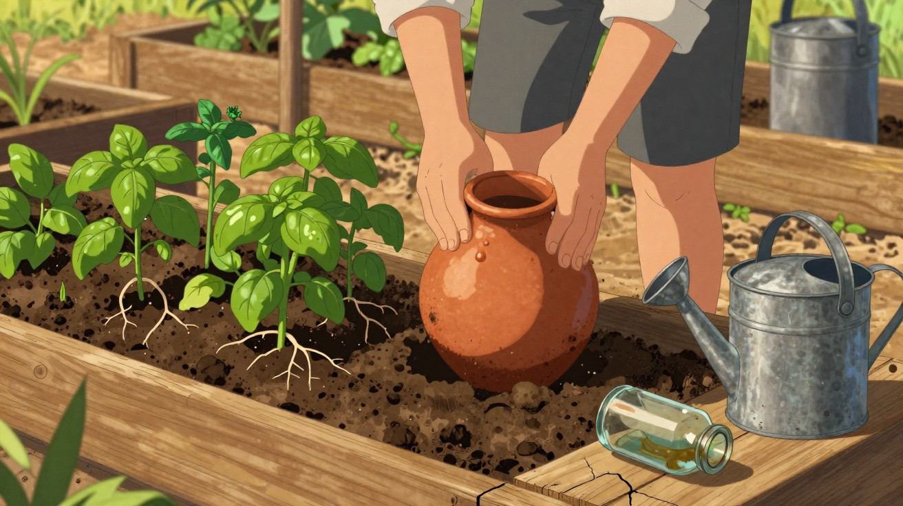 Pessoa a plantar um vaso de barro num canteiro com plantas verdes e regador metálico ao lado.