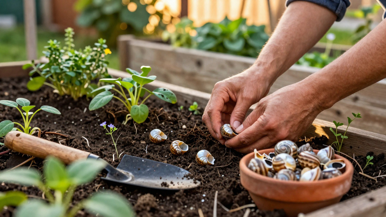 Mãos colhendo caracóis numa horta com várias plantas jovens e uma colher de jardinagem na terra.