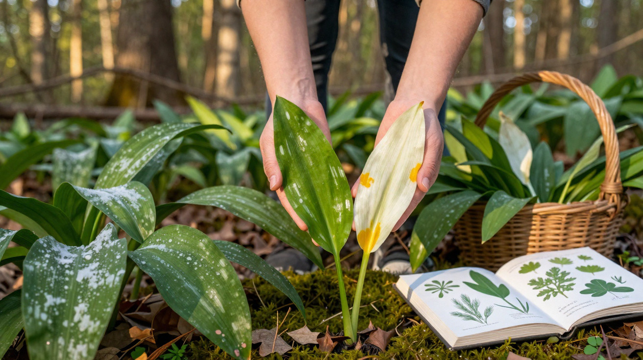 Pessoas a examinar folhas de planta com sinais de doença ao ar livre, ao lado de um livro sobre botânica.