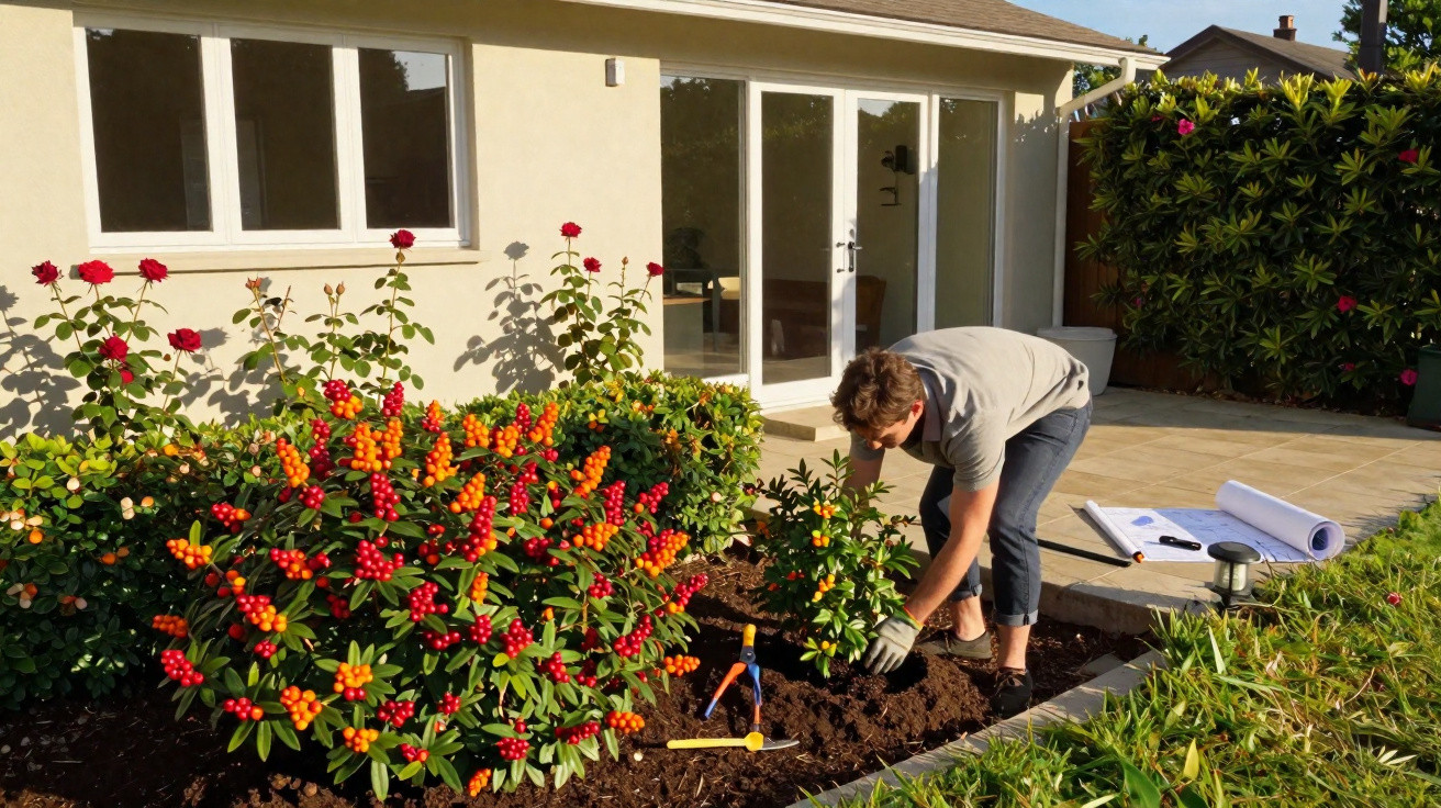 Homem a plantar arbusto junto a parede de casa com flores vermelhas e laranjas num jardim ensolarado.
