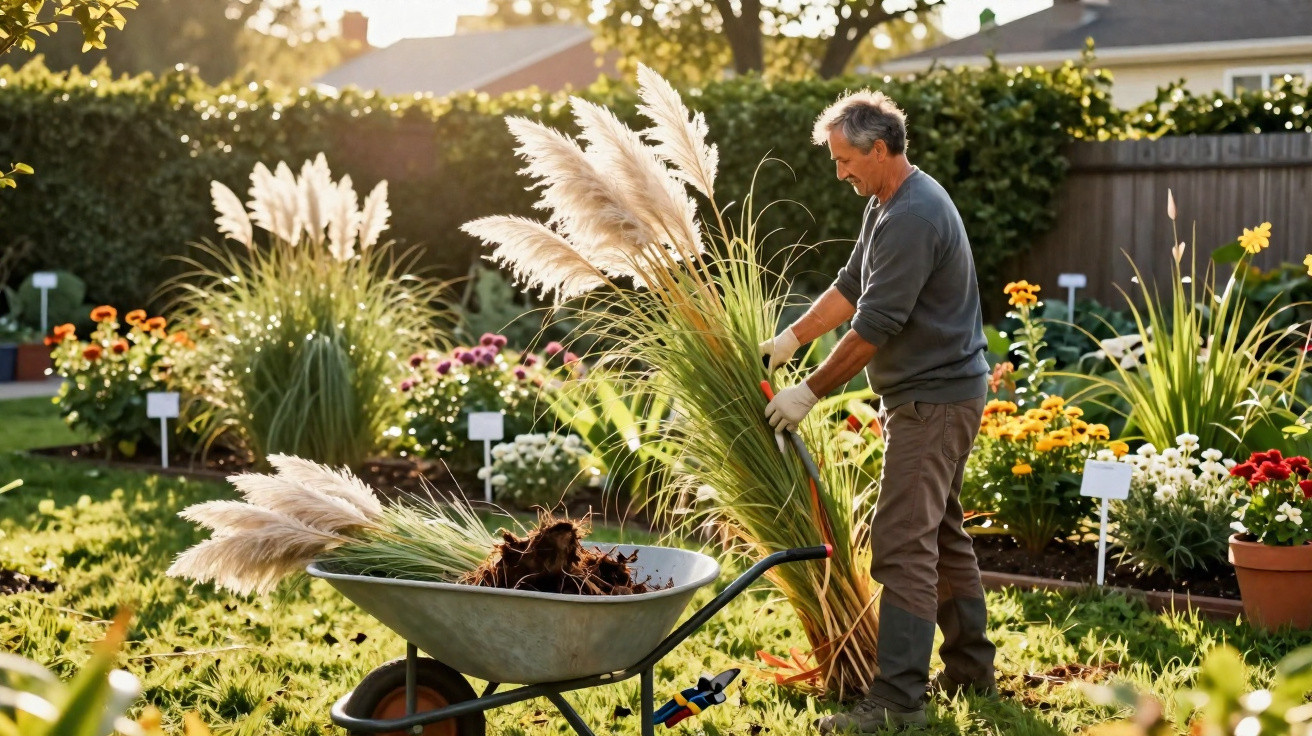 Homem a cuidar de plantas com flores brancas e amarelas num jardim bem cuidado ao entardecer.