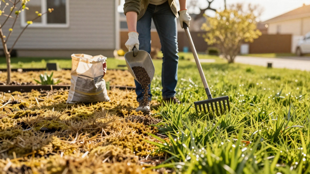 Pessoa a espalhar fertilizante num jardim com luvas, ancinho e saco de fertilizante ao lado numa manhã ensolarada.