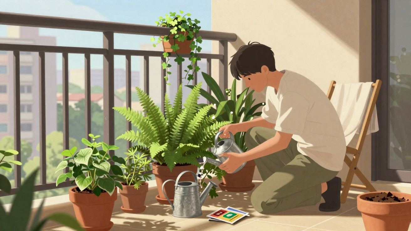 Jovem a regar várias plantas em vasos num terraço ensolarado com cadeira e vista urbana ao fundo.
