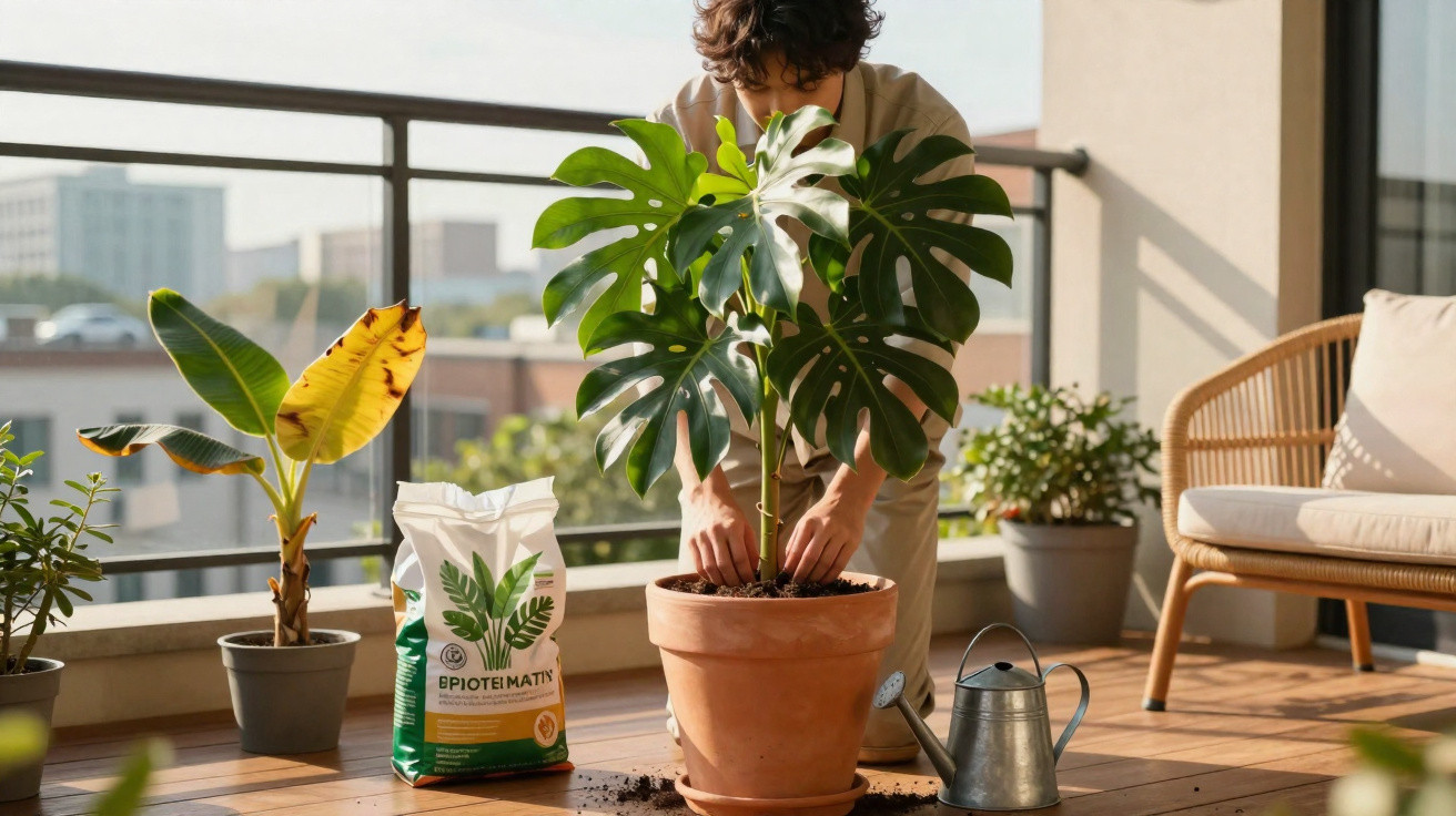 Pessoa a cuidar de planta numa varanda com vasos, saco de terra e regador ao lado.