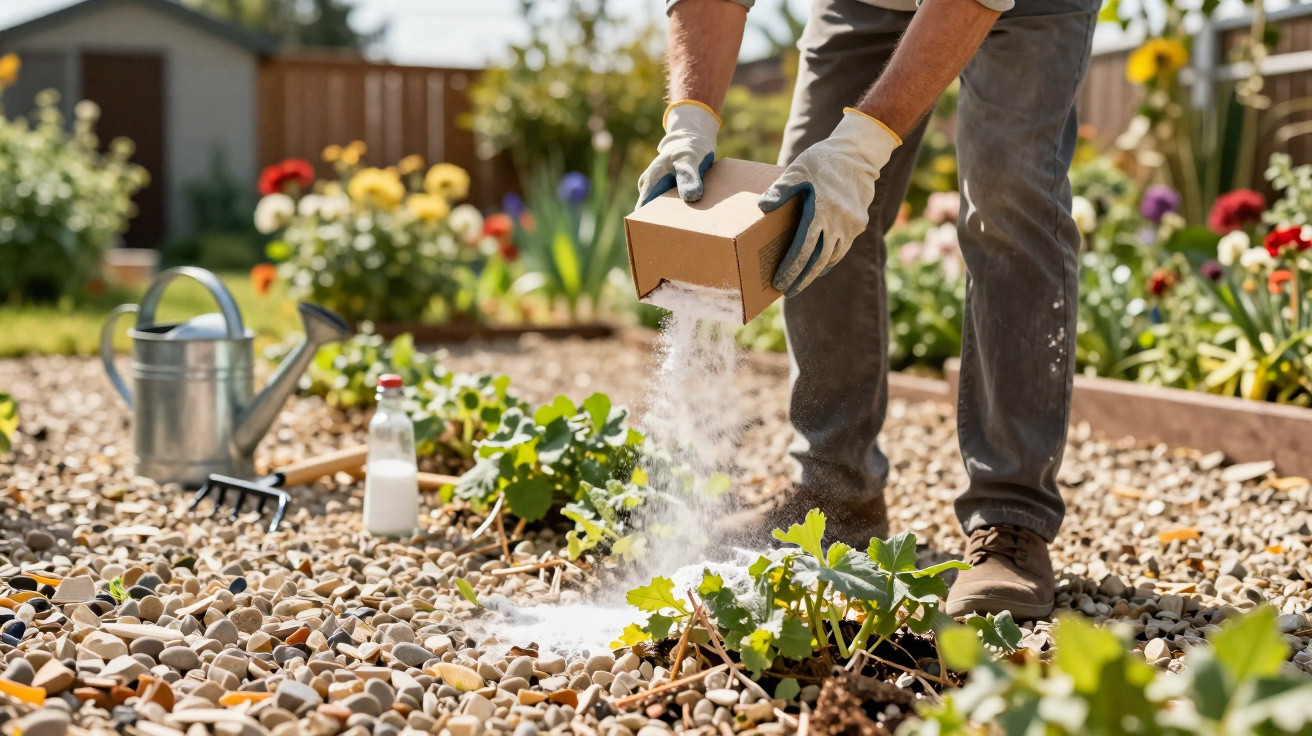 Pessoa a aplicar fertilizante em plantas num jardim com relva artificial e flores coloridas ao fundo.