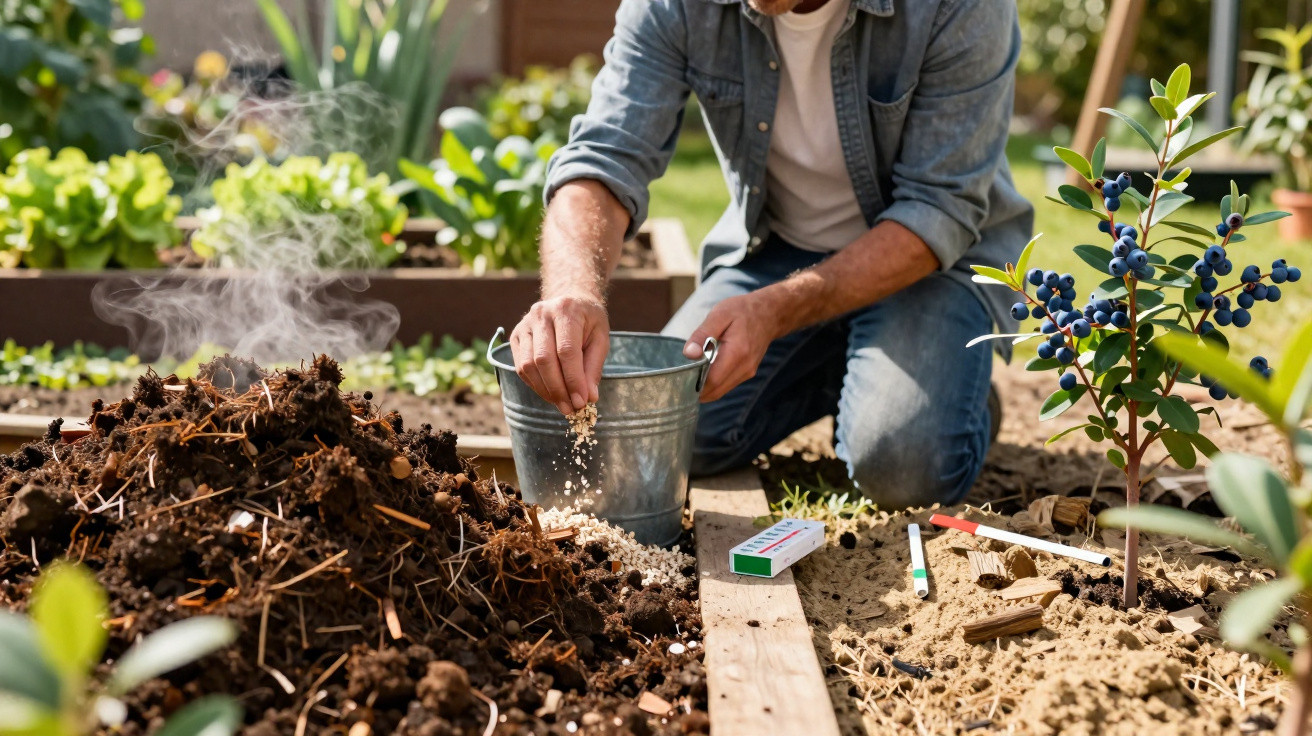 Homem de joelhos a fertilizar uma horta caseira com terra e sementes num dia soalheiro.