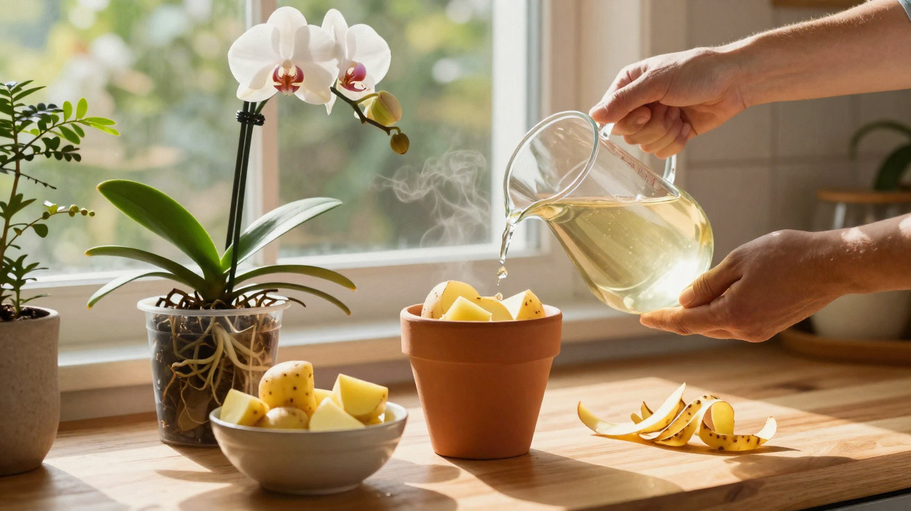 Mãos a regar um vaso com batatas cortadas, ao lado de plantas e janela com luz natural.