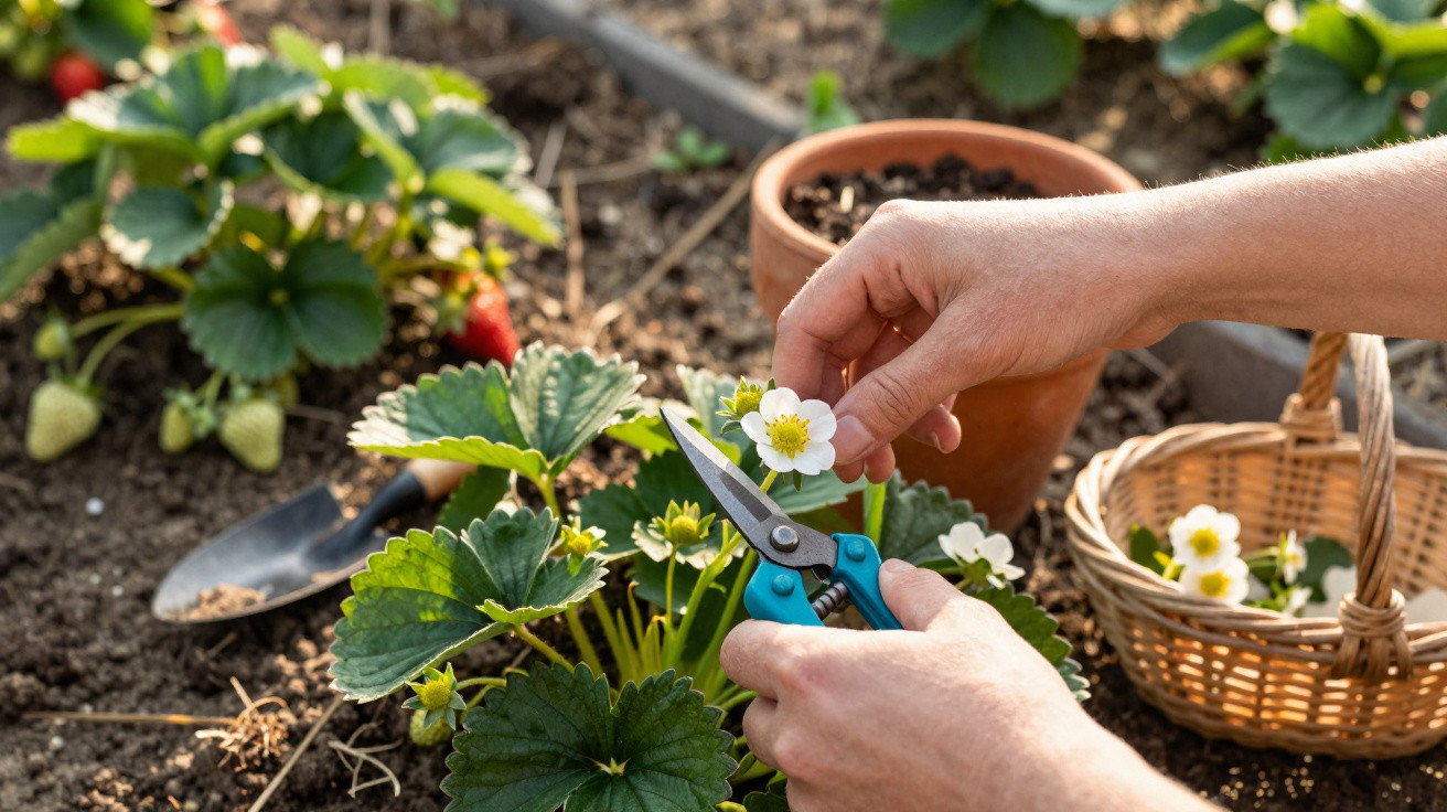 Mãos a cuidar de plantas de morangueiro com tesoura de poda, flores brancas e cesta de vime ao lado.
