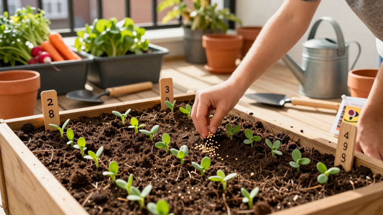 Pessoa a plantar sementes numa caixa de madeira com plantas jovens e ferramentas de jardinagem ao fundo.