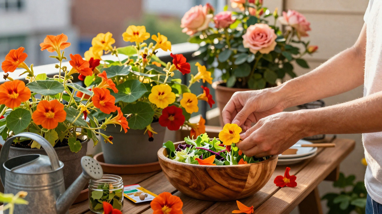 Pessoa a preparar salada com flores comestíveis ao lado de vasos com flores coloridas num balcão de madeira.