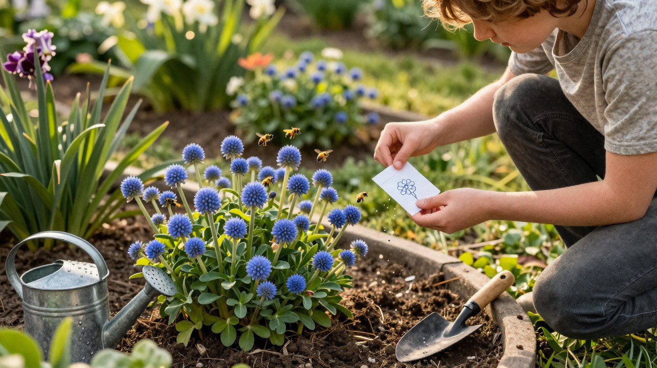Criança observando abelhas sobre flores azuis num jardim com regador e enxada ao lado.