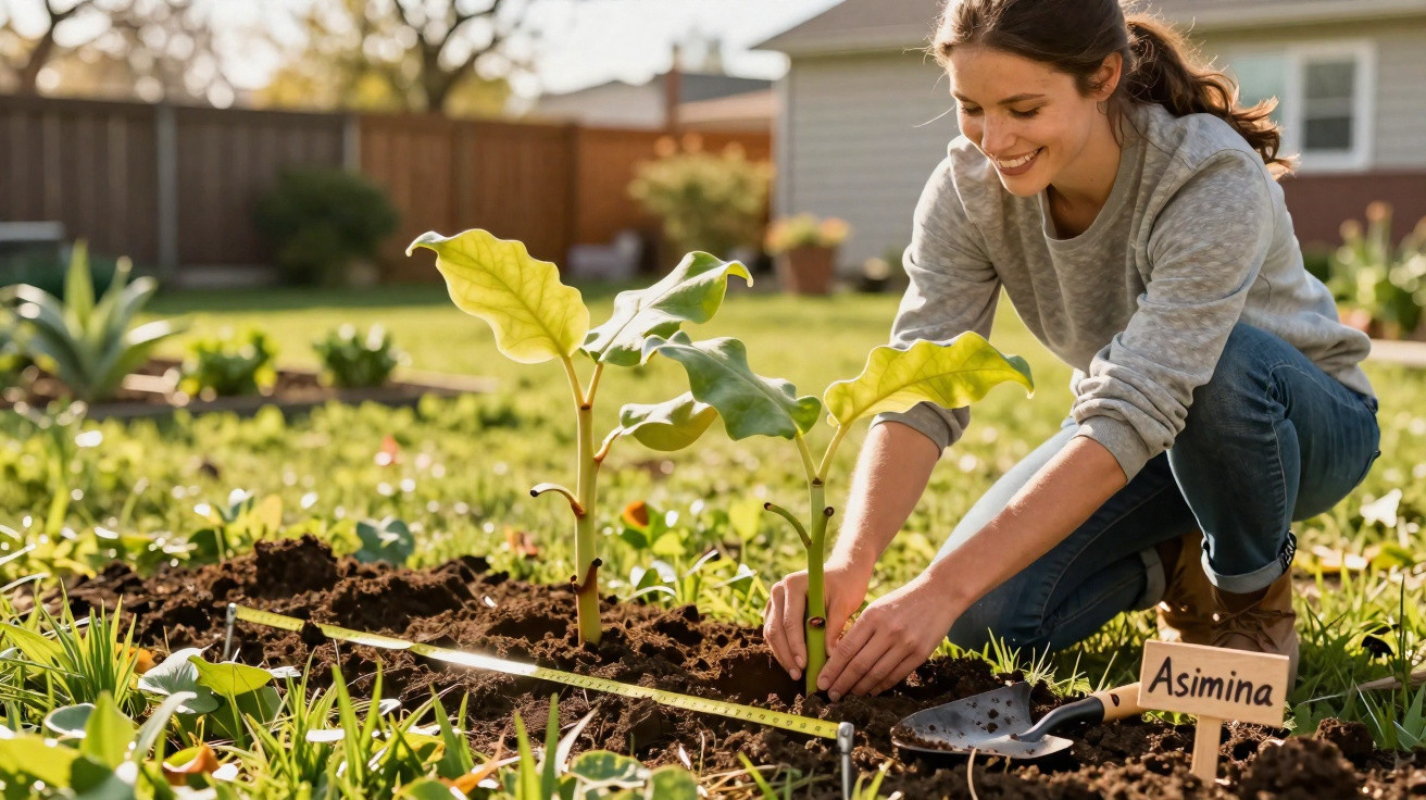 Mulher jovem a plantar mudas num jardim, ao lado de uma placa com o nome "Asimina".