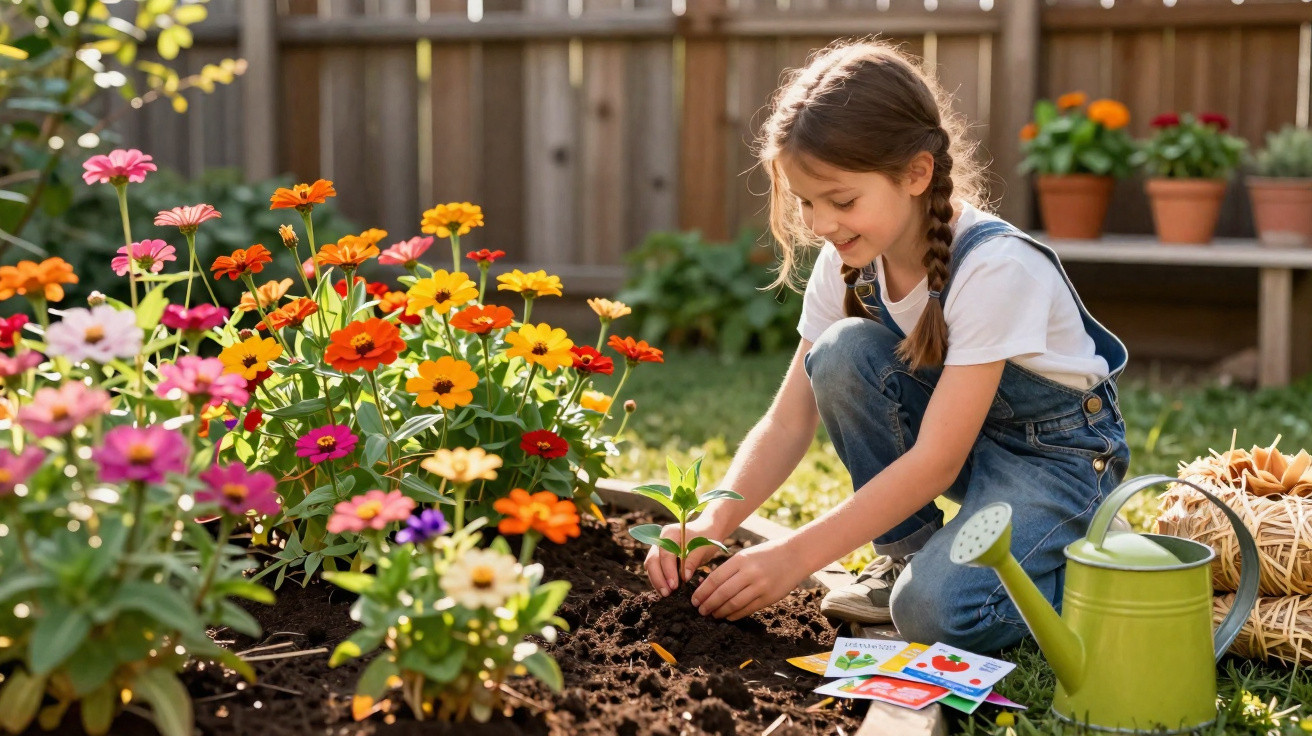 Menina sorridente a plantar uma muda numa horta com flores coloridas num jardim ensolarado.