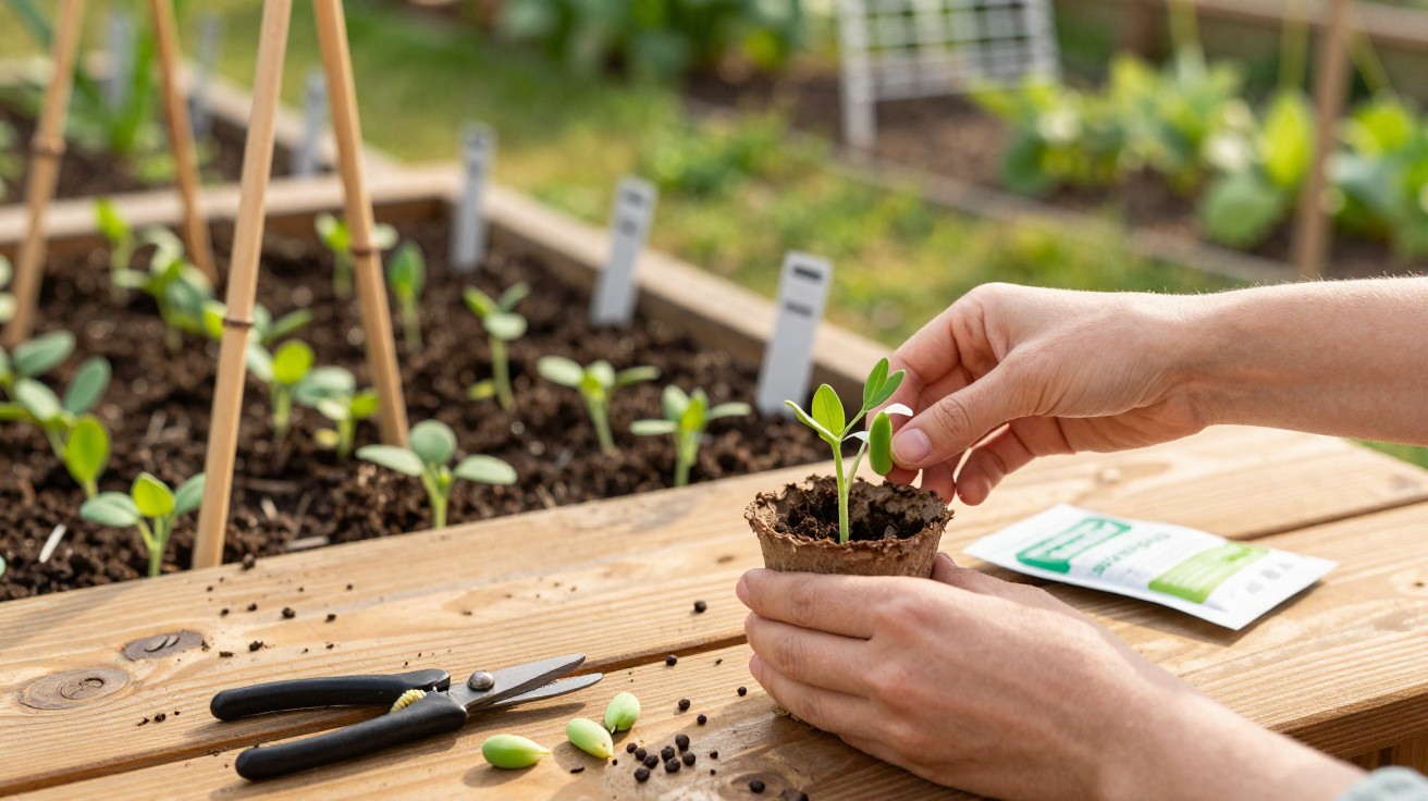 Mãos transplantam muda de planta para vaso biodegradável numa mesa com terra, sementes e tesoura de jardinagem.