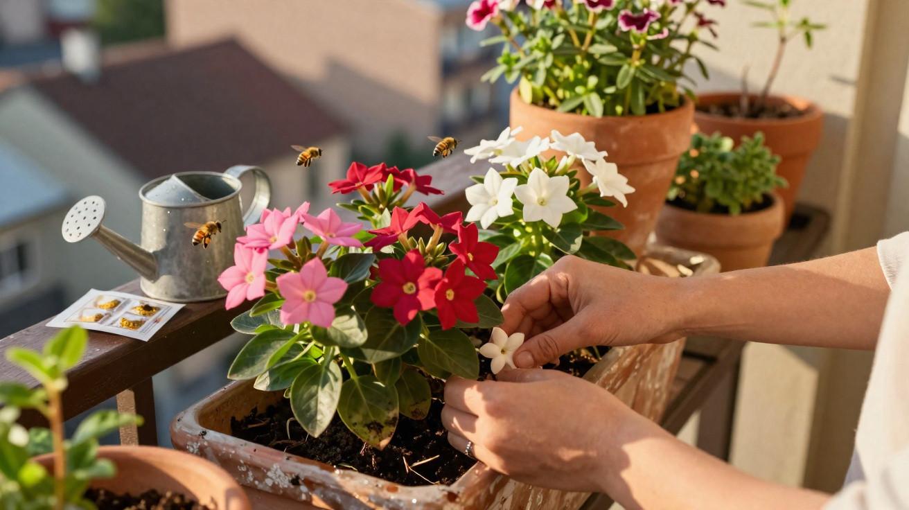 Mãos a cuidar de flores coloridas em vaso num terraço com abelhas a voar e regador ao fundo.