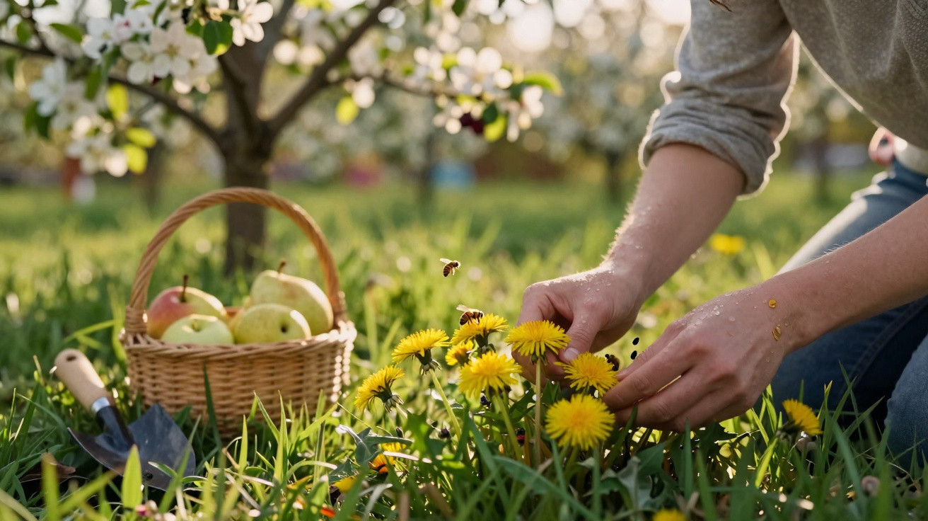 Pessoa a apanhar flores amarelas num campo com cesta de maçãs e árvores floridas ao fundo.