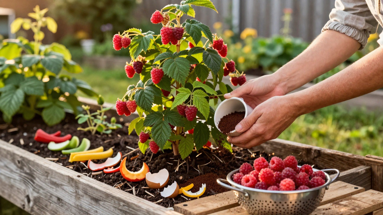 Mãos a adicionar fertilizante a uma planta de framboesa madura num canteiro com cascas de fruta e uma taça de framboesas.