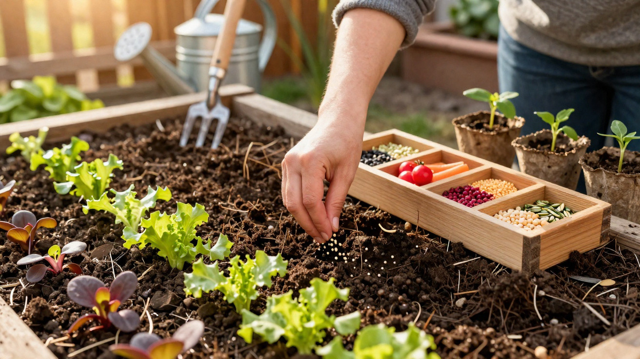 Pessoa a plantar sementes na terra de uma horta com mudas de alface e caixa com diversos tipos de sementes.