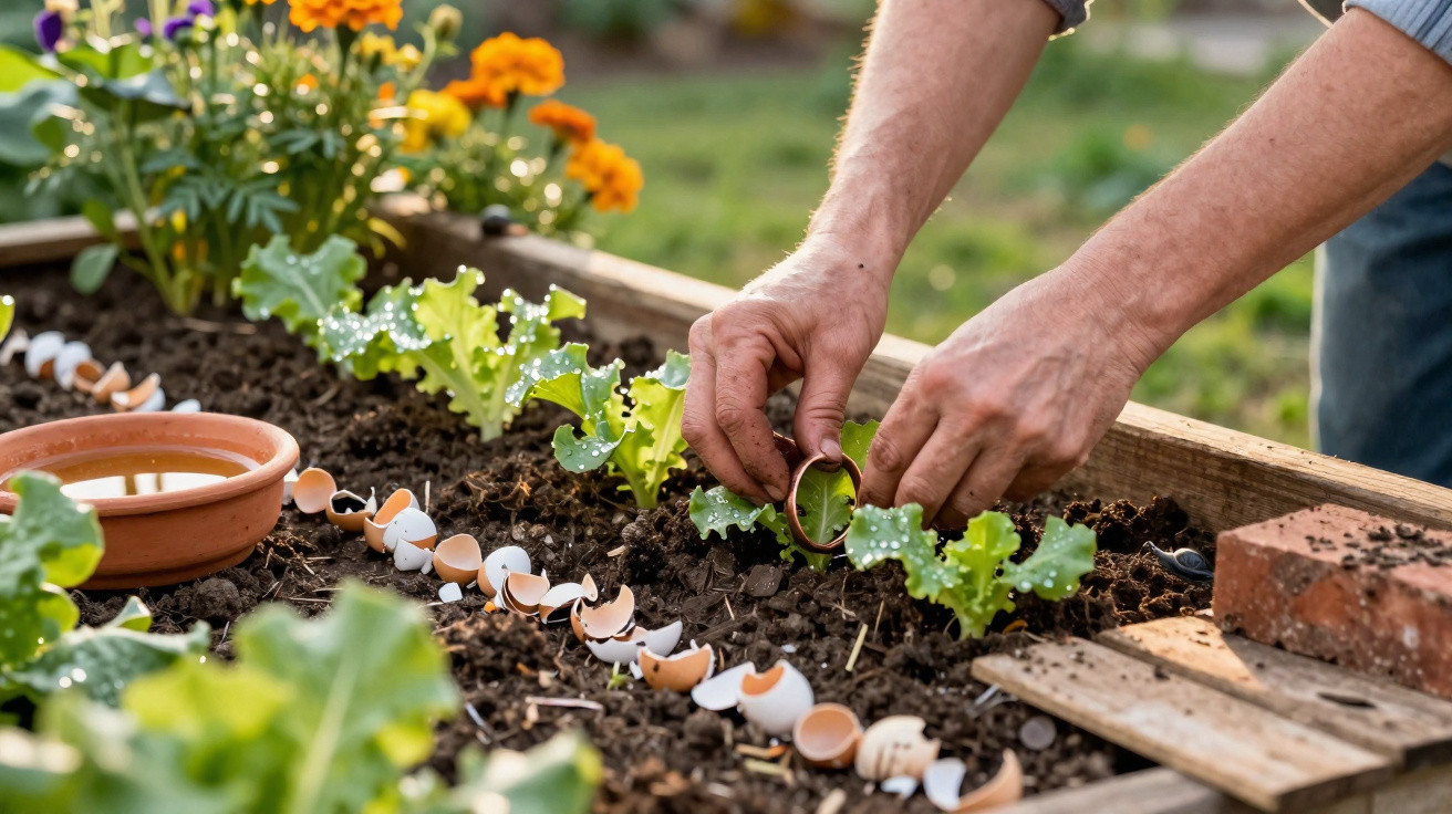 Mãos a plantar alfaces numa horta com cascas de ovo como fertilizante e flores ao fundo.